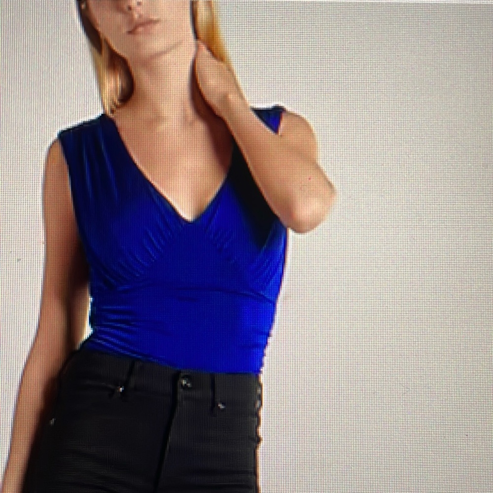 Express Body Contour Compression Empire V-Neck  Bodysuit- Cobalt Blue